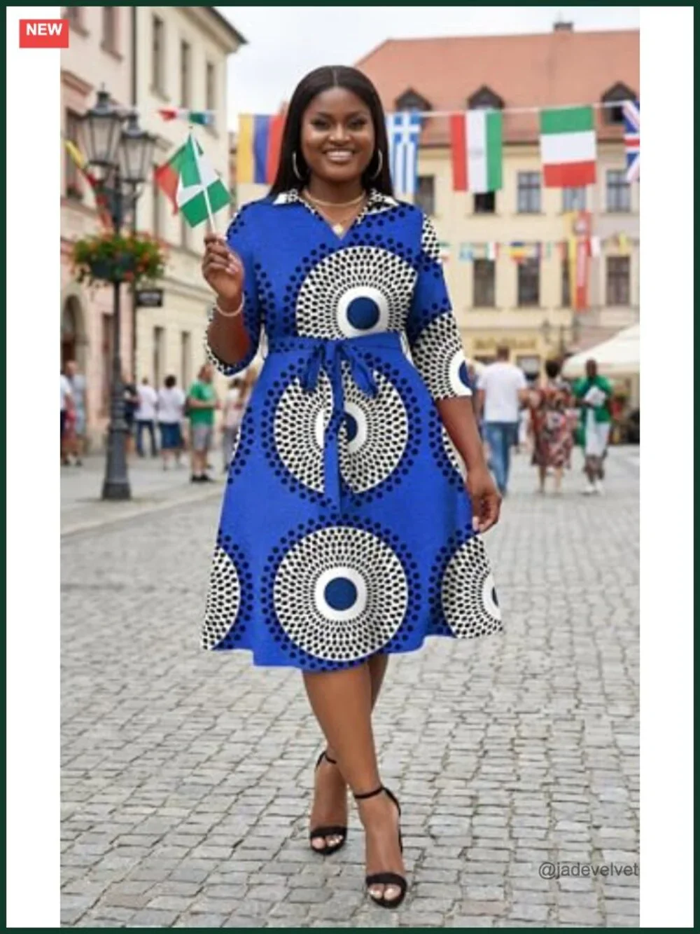 Plus Size A-Line Midi Dress with Pockets and Belt - African Print